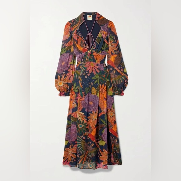 EUC Farm Rio Cool Macaw Navy Floral Midi Dress Size Small Retails $285 - Picture 1 of 8